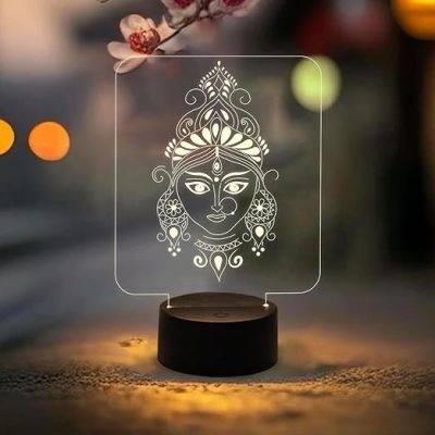 3D Illusion Maa Durga Face Night Lamp with Warm White Light  Pooja Room Decor Light  Maa Durga Idol  Religious Gift