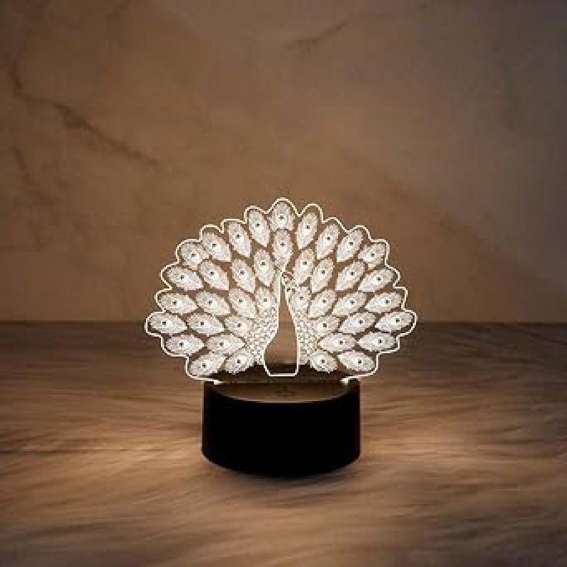 3D Illusion Peacock Night Lamp with Warm White Light  Home & Office Decor Light  Best for Gift  Lamp for Kids  Bedside Desk Table Lamp