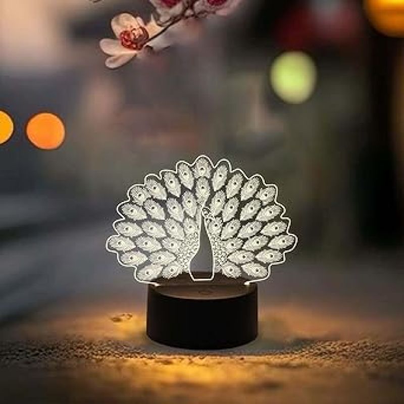 3D Illusion Peacock Night Lamp with Warm White Light  Home & Office Decor Light  Best for Gift  Lamp for Kids  Bedside Desk Table Lamp