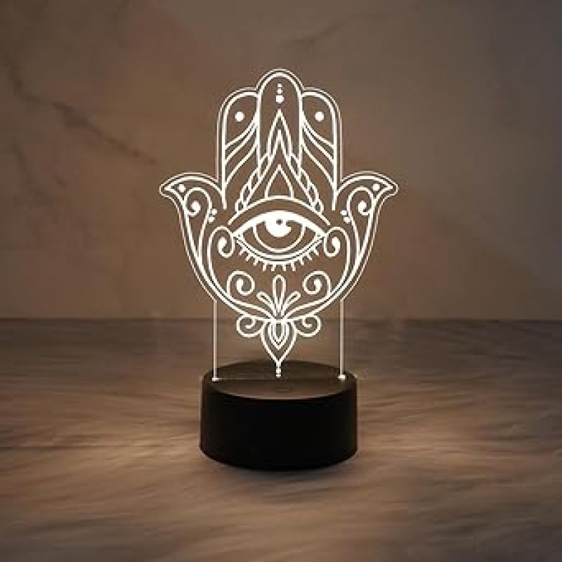 3D Illusion Hamsa Hand Night Lamp Evil Eye Desk Table Lamp with Warm White Light  Home & Office Decor Light
