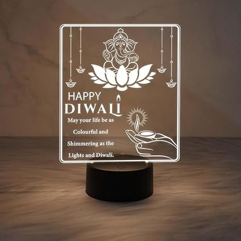 Lord Ganesha with Engraved Happy Diwali Night Lamp for Home & Office Decoration  Gifts for Family and Friends Diwali Gifts for Employees  Warm White Light