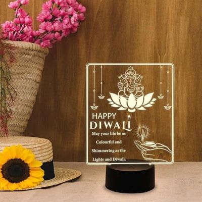 Lord Ganesha with Engraved Happy Diwali Night Lamp for Home & Office Decoration  Gifts for Family and Friends Diwali Gifts for Employees  Warm White Light