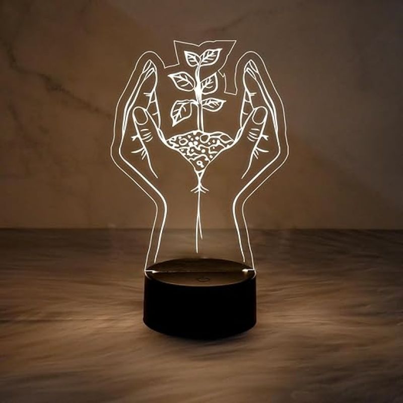 3D Illusion Plant in Hand Acrylic Led Lamp  Motivational Image Save Tree Night Lamp  Gift Lover Nature & Plant Lover  Warm White Light