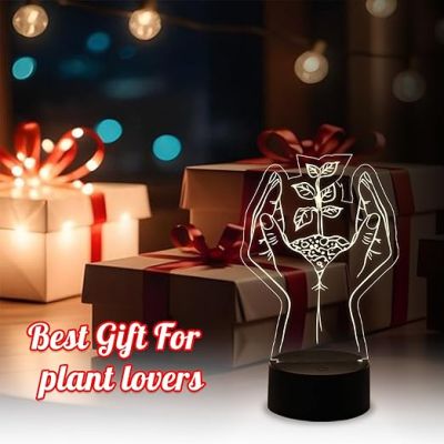 3D Illusion Plant in Hand Acrylic Led Lamp  Motivational Image Save Tree Night Lamp  Gift Lover Nature & Plant Lover  Warm White Light