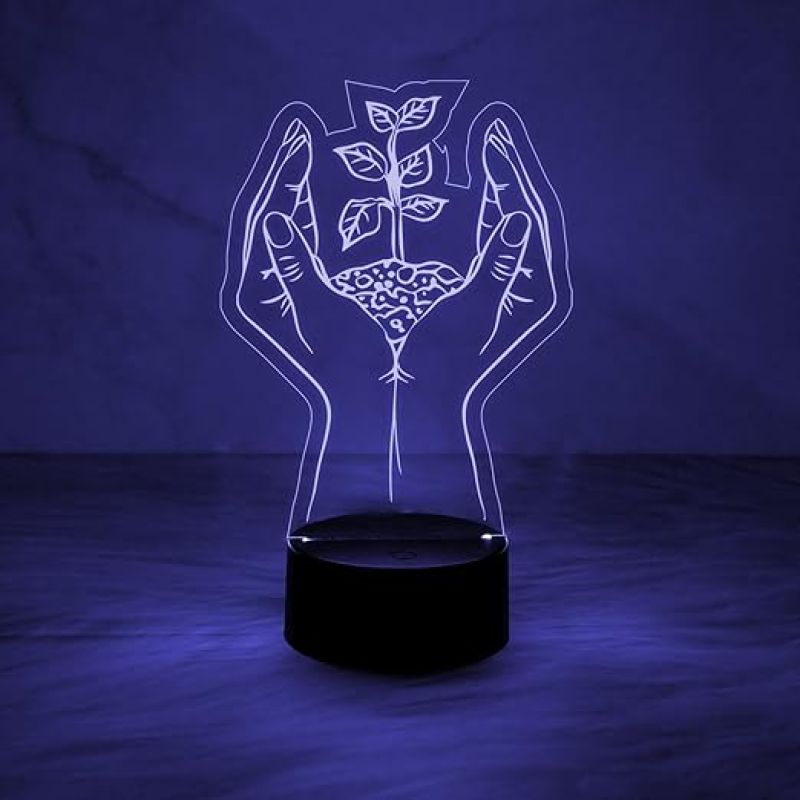 3D Illusion Plant in Hand Acrylic Led Lamp  Motivational Image Save Tree Night Lamp  Gift Lover Nature & Plant Lover  7 Color Changing Light