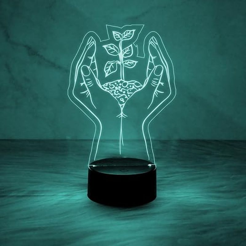3D Illusion Plant in Hand Acrylic Led Lamp  Motivational Image Save Tree Night Lamp  Gift Lover Nature & Plant Lover  7 Color Changing Light