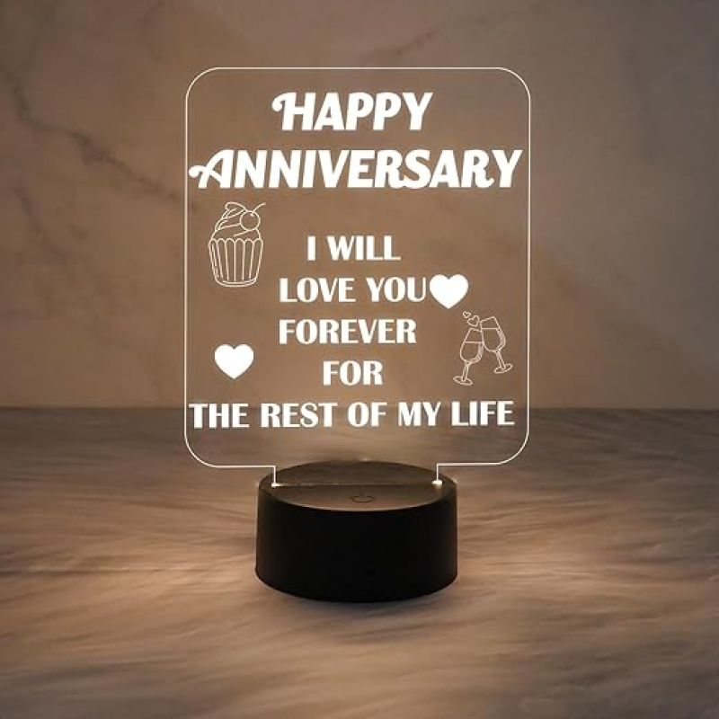 Happy Anniversary 3D Illusion LED Table Lamp  Lamp for Couple  Anniversary Gift for Husband Wife  Warm White Light