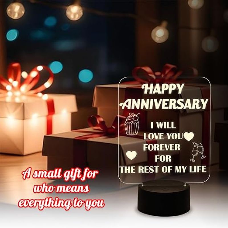 Happy Anniversary 3D Illusion LED Table Lamp  Lamp for Couple  Anniversary Gift for Husband Wife  Warm White Light