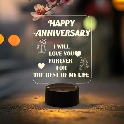 Happy Anniversary 3D Illusion LED Table Lamp  Lamp for Couple  Anniversary Gift for Husband Wife  Warm White Light