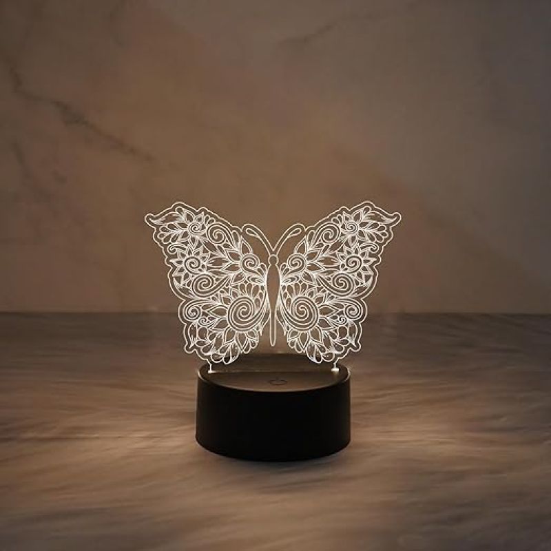 Mandala Art Engaved Butterfly Lamp with Warm White Light  Touch Button  Home & Office Décor Light  Best for Gift  3D Illusion Table Lamp  Lamp for Bedroom