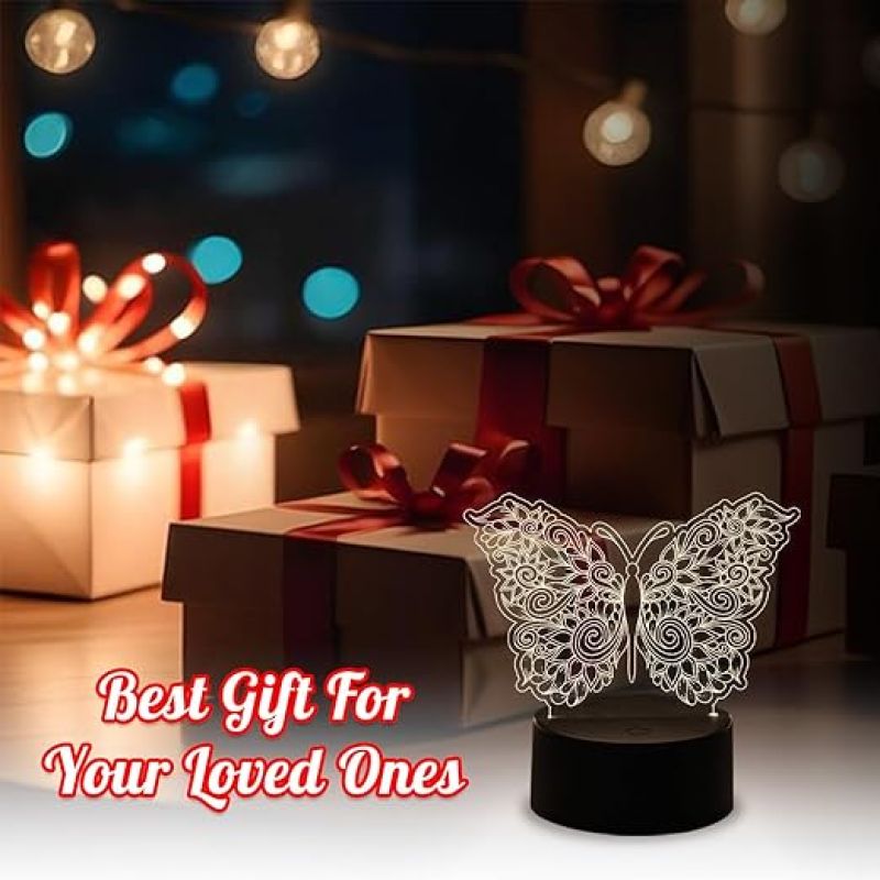 Mandala Art Engaved Butterfly Lamp with Warm White Light  Touch Button  Home & Office Décor Light  Best for Gift  3D Illusion Table Lamp  Lamp for Bedroom