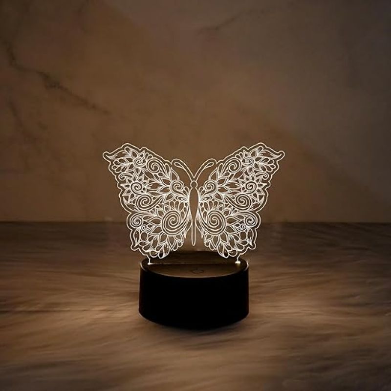 Mandala Art Engaved Butterfly Lamp with Warm White Light  Touch Button  Home & Office Décor Light  Best for Gift  3D Illusion Table Lamp  Lamp for Bedroom