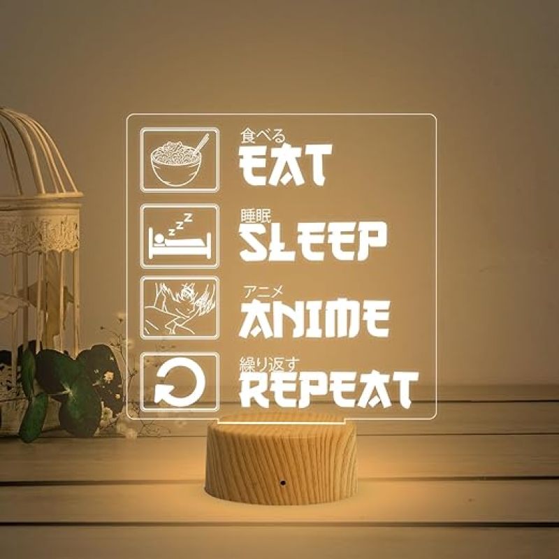 3D Illusion Eat Sleep Anime Repeat Engraved Thought Desk Table Lamp for Home & Kids Room Decor Light  Birthday Gift  Warm White Light