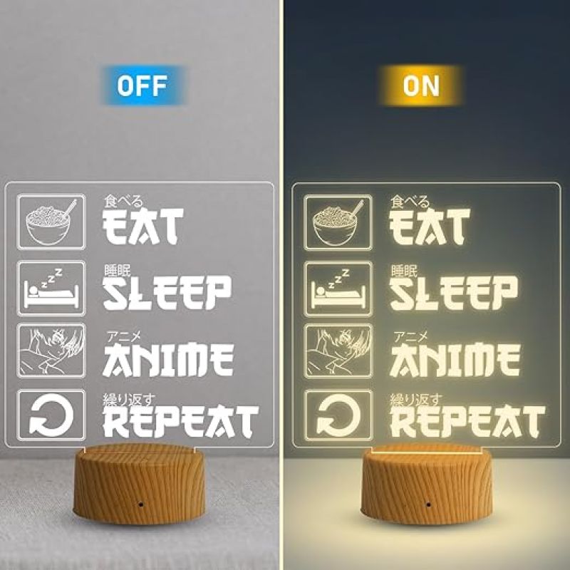 3D Illusion Eat Sleep Anime Repeat Engraved Thought Desk Table Lamp for Home & Kids Room Decor Light  Birthday Gift  Warm White Light