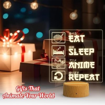 3D Illusion Eat Sleep Anime Repeat Engraved Thought Desk Table Lamp for Home & Kids Room Decor Light  Birthday Gift  Warm White Light