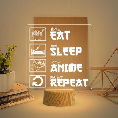 3D Illusion Eat Sleep Anime Repeat Engraved Thought Desk Table Lamp for Home & Kids Room Decor Light  Birthday Gift  Warm White Light