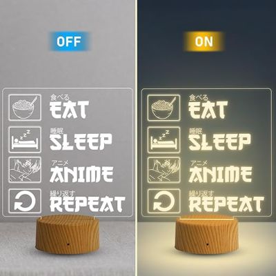 3D Illusion Eat Sleep Anime Repeat Engraved Thought Desk Table Lamp for Home & Kids Room Decor Light  Birthday Gift  Warm White Light