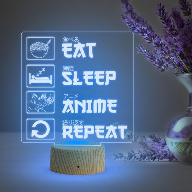 3D Illusion Eat Sleep Anime Repeat Engraved Thought Desk Table Lamp for Home & Kids Room Decor Light  Birthday Gift  Multicolored Light