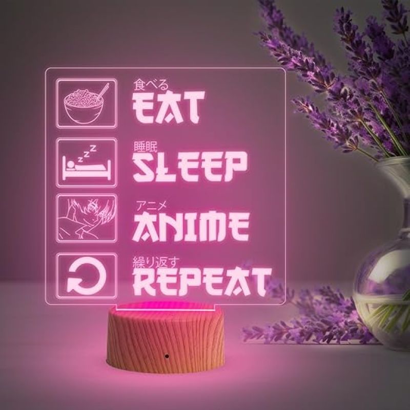 3D Illusion Eat Sleep Anime Repeat Engraved Thought Desk Table Lamp for Home & Kids Room Decor Light  Birthday Gift  Multicolored Light