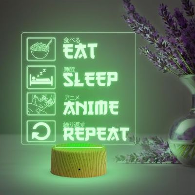 3D Illusion Eat Sleep Anime Repeat Engraved Thought Desk Table Lamp for Home & Kids Room Decor Light  Birthday Gift  Multicolored Light