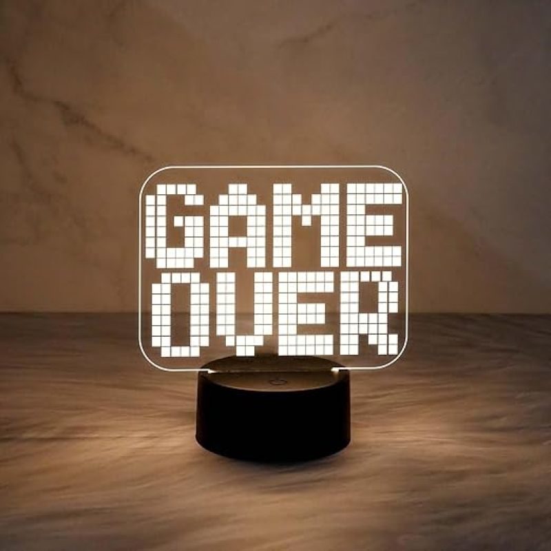 Game Over 3D Illusion Night Lamp with Warm White Light  Best Gamer Gift  Lamp for Kids Room Decor Light