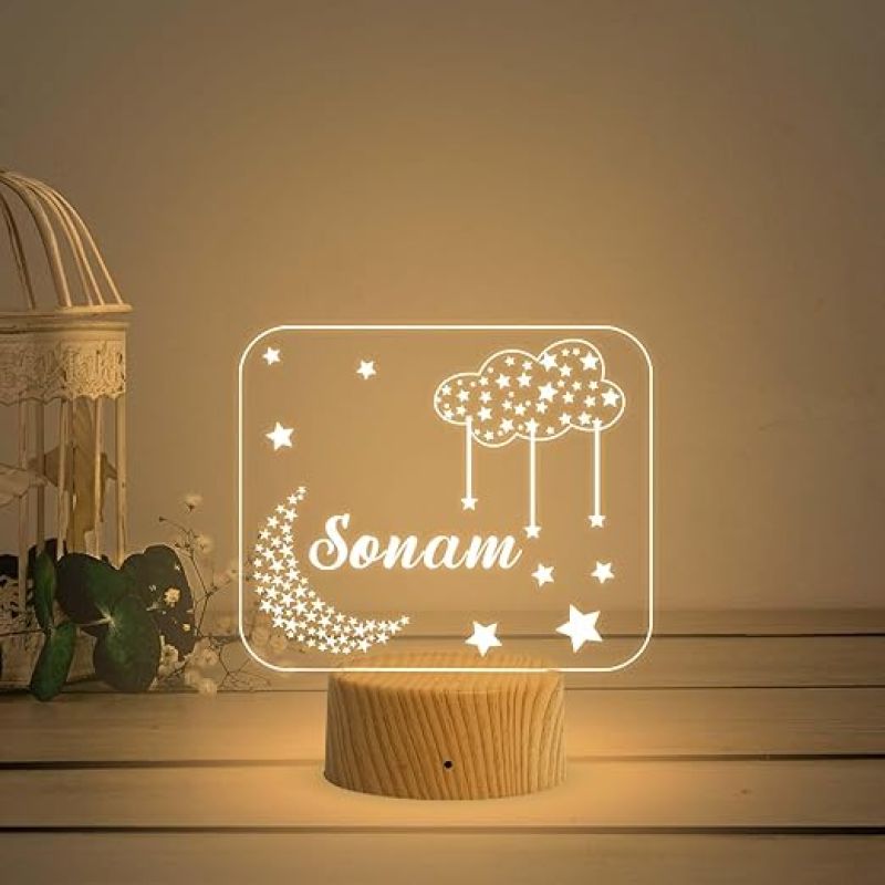 Personalized Name Led Lamp  Moon with Star Acrylic Light  Kids Room Decor  Birthday Gift for Kids Friends  Warm White Light