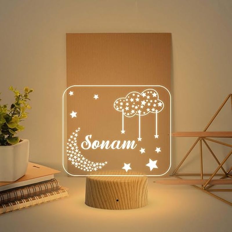 Personalized Name Led Lamp  Moon with Star Acrylic Light  Kids Room Decor  Birthday Gift for Kids Friends  Warm White Light