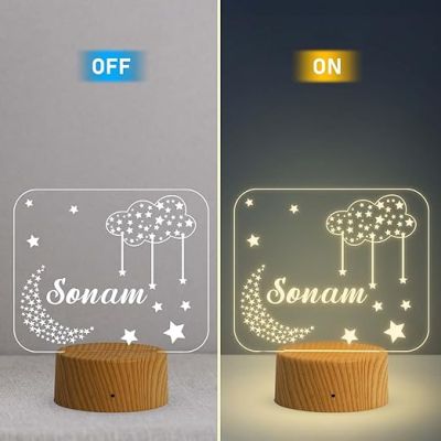 Personalized Name Led Lamp  Moon with Star Acrylic Light  Kids Room Decor  Birthday Gift for Kids Friends  Warm White Light