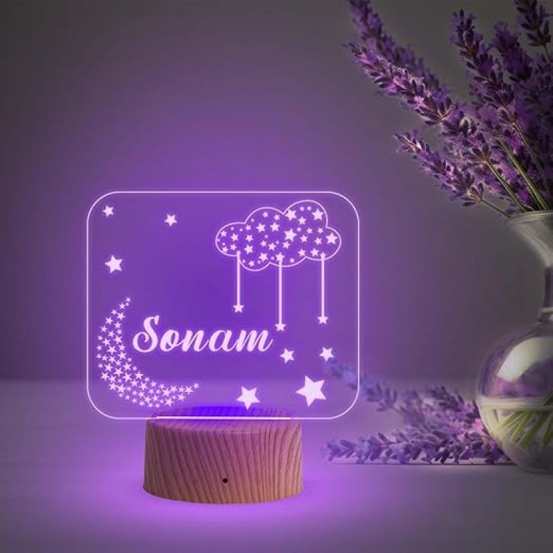 Personalized Name Led Lamp  Moon with Star Acrylic Light  Kids Room Decor  Birthday Gift for Kids Friends  Multicolored Light