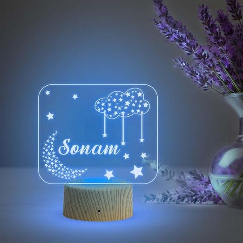 Personalized Name Led Lamp  Moon with Star Acrylic Light  Kids Room Decor  Birthday Gift for Kids Friends  Multicolored Light