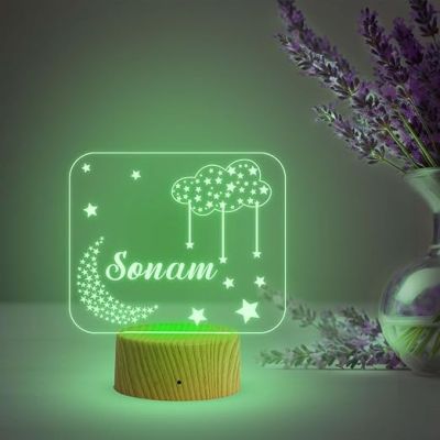 Personalized Name Led Lamp  Moon with Star Acrylic Light  Kids Room Decor  Birthday Gift for Kids Friends  Multicolored Light