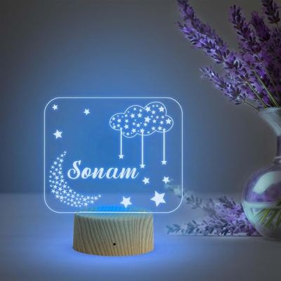 Personalized Name Led Lamp  Moon with Star Acrylic Light  Kids Room Decor  Birthday Gift for Kids Friends  Multicolored Light
