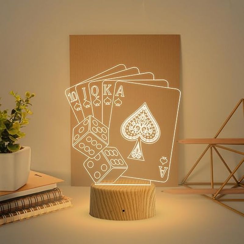 Playing Card 3D Illusion Night Lamp with Warm White Light  Gaming Room Decor Light  Bedside Desk Table Lamp