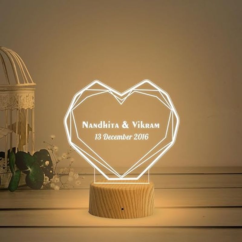 Personalized Acrylic Heart Lamp with Warm White Light  Customized with Name & Date  Gift for Anniversary Birthday Valentine Day