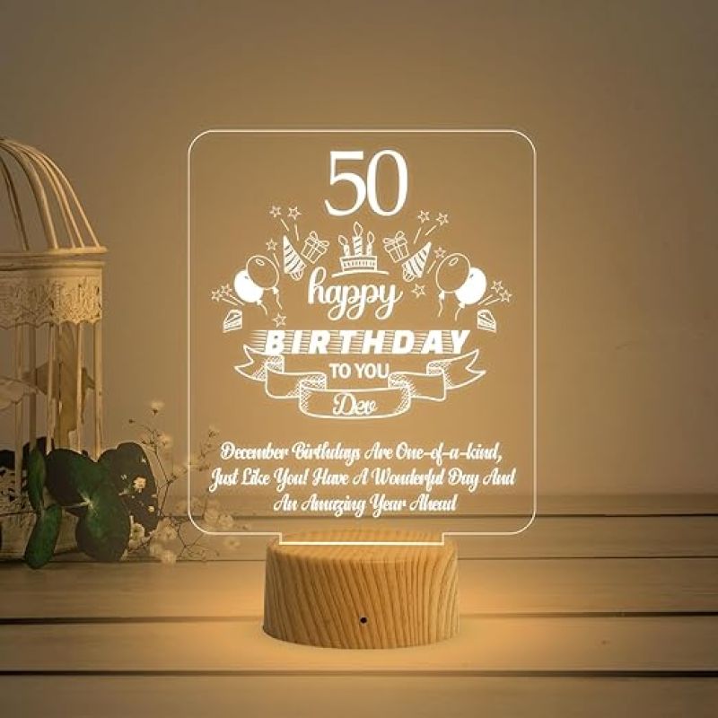 Personalized 50th Happy Birthday Night Lamp  Customized with Name  Warm White Light   Birthday Gift for Mom & Dad