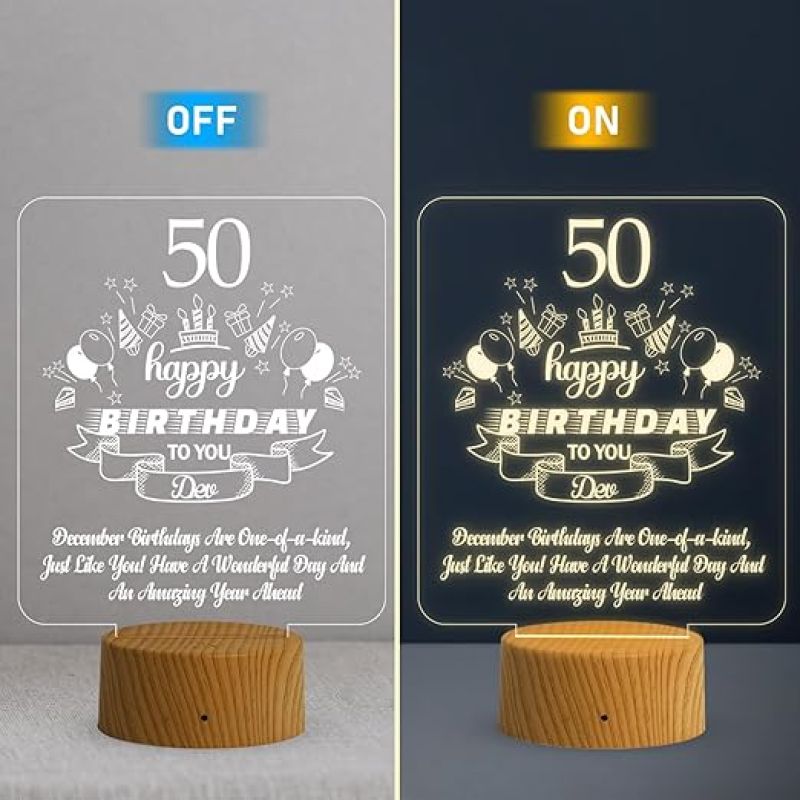 Personalized 50th Happy Birthday Night Lamp  Customized with Name  Warm White Light   Birthday Gift for Mom & Dad