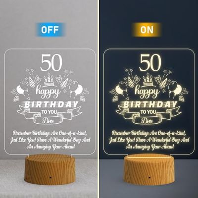 Personalized 50th Happy Birthday Night Lamp  Customized with Name  Warm White Light   Birthday Gift for Mom & Dad