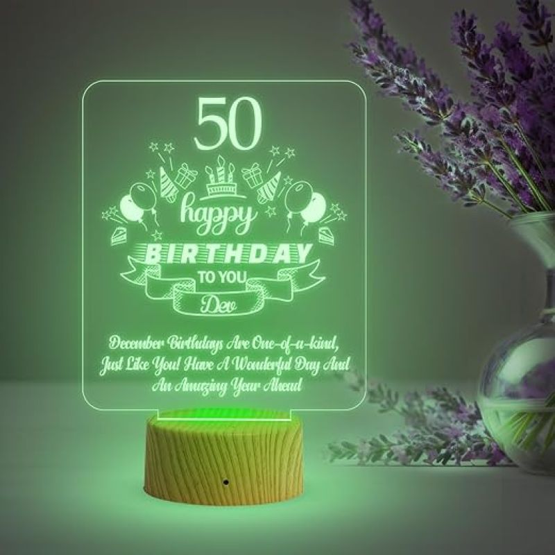 Personalized 50th Happy Birthday Night Lamp | Customized with Name | Automatic Color Changing Light & USB Powered | Birthday Gift for Mom & Dad