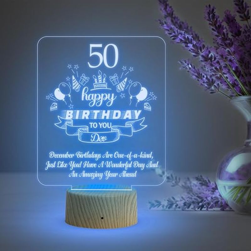 Personalized 50th Happy Birthday Night Lamp | Customized with Name | Automatic Color Changing Light & USB Powered | Birthday Gift for Mom & Dad