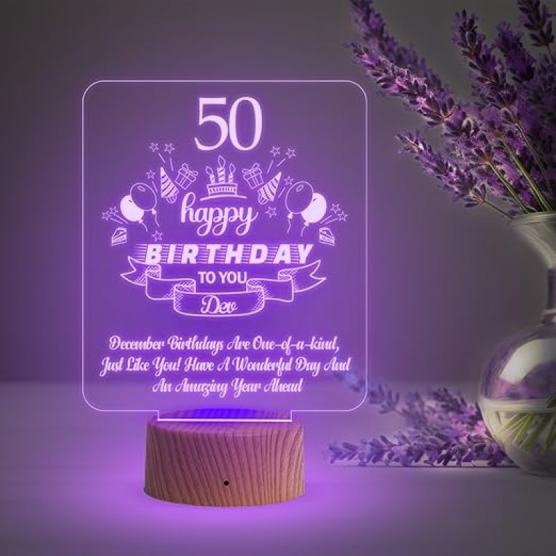 Personalized 50th Happy Birthday Night Lamp | Customized with Name | Automatic Color Changing Light & USB Powered | Birthday Gift for Mom & Dad