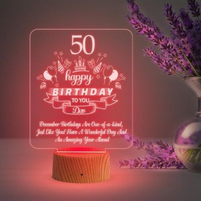 Personalized 50th Happy Birthday Night Lamp | Customized with Name | Automatic Color Changing Light & USB Powered | Birthday Gift for Mom & Dad