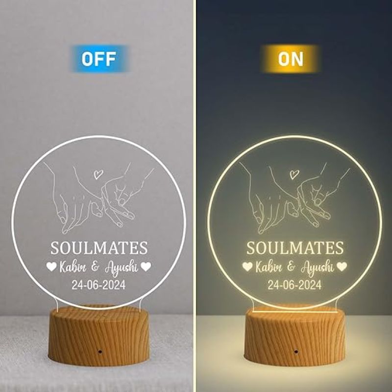 Personalized Soulmate Night Lamp with Warm White Light  Customized with Name & Date  Gift for Couple Wife Husband