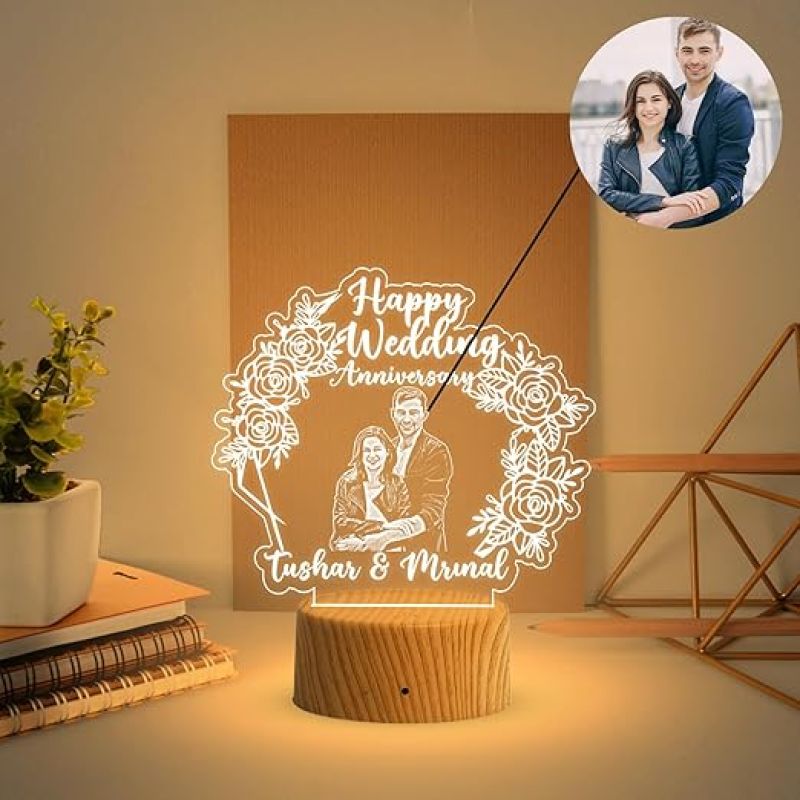 Personalized Happy Wedding Anniversary Acrylic Lamp  Customized with Name & Photo  Newly Married Couple Gift  Anniversary Gift for Husband, Wife, Friends, Parents (Warm White Light)