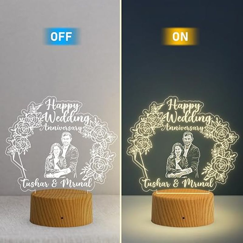 Personalized Happy Wedding Anniversary Acrylic Lamp  Customized with Name & Photo  Newly Married Couple Gift  Anniversary Gift for Husband, Wife, Friends, Parents (Warm White Light)