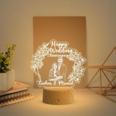 Personalized Happy Wedding Anniversary Acrylic Lamp  Customized with Name & Photo  Newly Married Couple Gift  Anniversary Gift for Husband, Wife, Friends, Parents (Warm White Light)