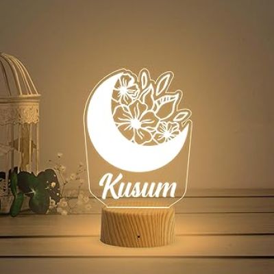 Personalized Night Light with Moon & Flower Custom Name Light Kids Room Decor Personalized Gift for Kids Boys Girls | Kids Room Decor Light (Warm White Light & USB Powered)