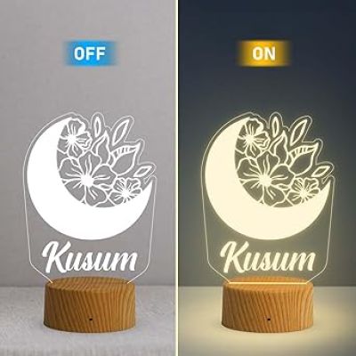 Personalized Night Light with Moon & Flower Custom Name Light Kids Room Decor Personalized Gift for Kids Boys Girls | Kids Room Decor Light (Warm White Light & USB Powered)