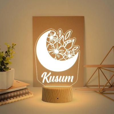 Personalized Night Light with Moon & Flower Custom Name Light Kids Room Decor Personalized Gift for Kids Boys Girls | Kids Room Decor Light (Warm White Light & USB Powered)