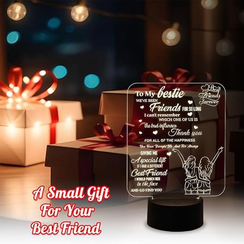 To My Bestie Gifts 3D Illusion Lamp  Love You Friends Night Light for Best Friend Sister Boys & Girls BFF Birthday Gift  Warm White Light