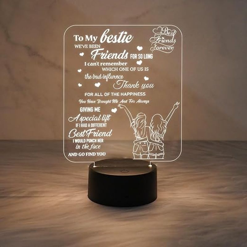 To My Bestie Gifts 3D Illusion Lamp  Love You Friends Night Light for Best Friend Sister Boys & Girls BFF Birthday Gift  Warm White Light